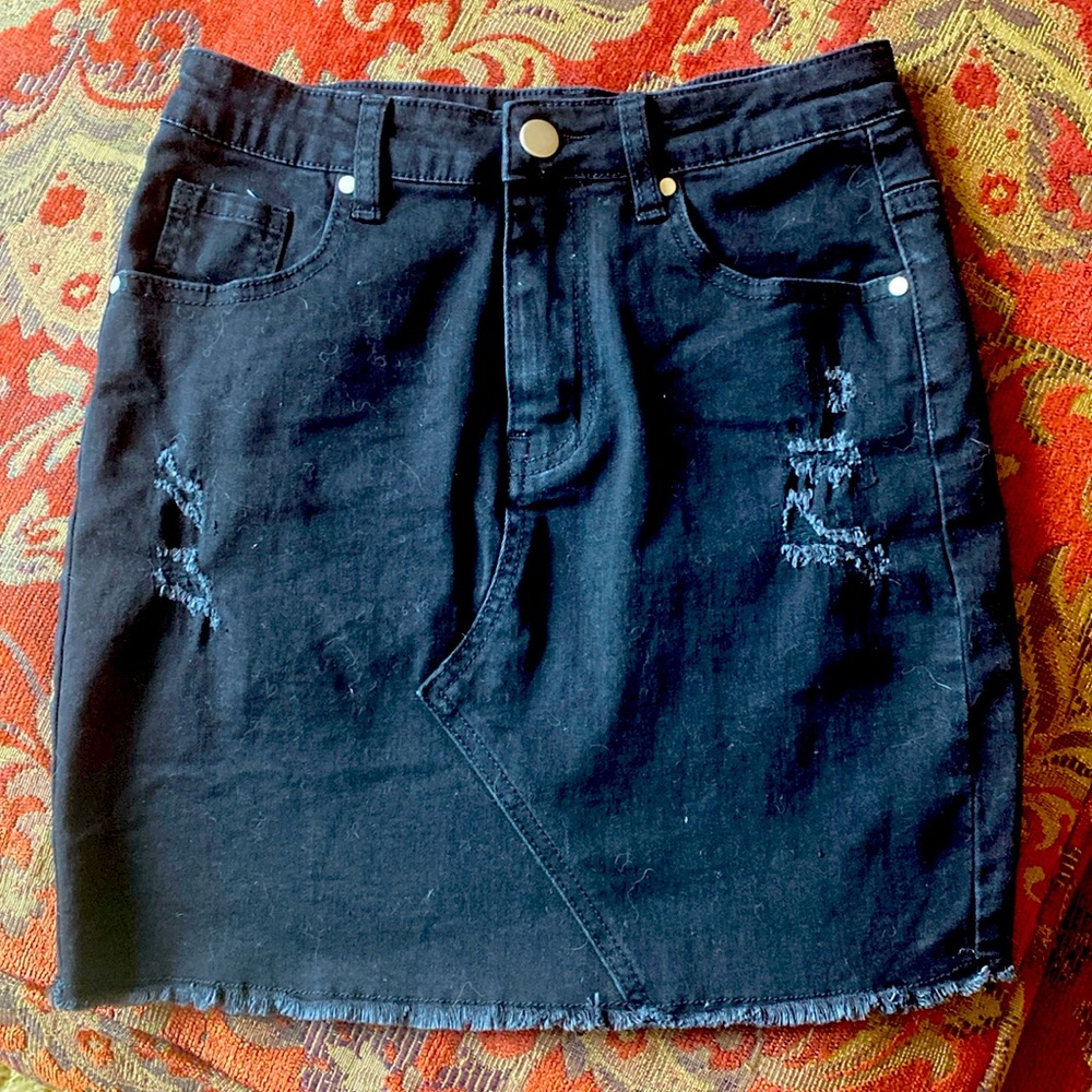 Black distressed jean skirt